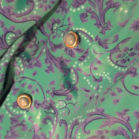 Shrader - VINTAGE 90s Paisley Printed Workwear Vibrant Teal and Purple Dress - Picture 6 of 8
